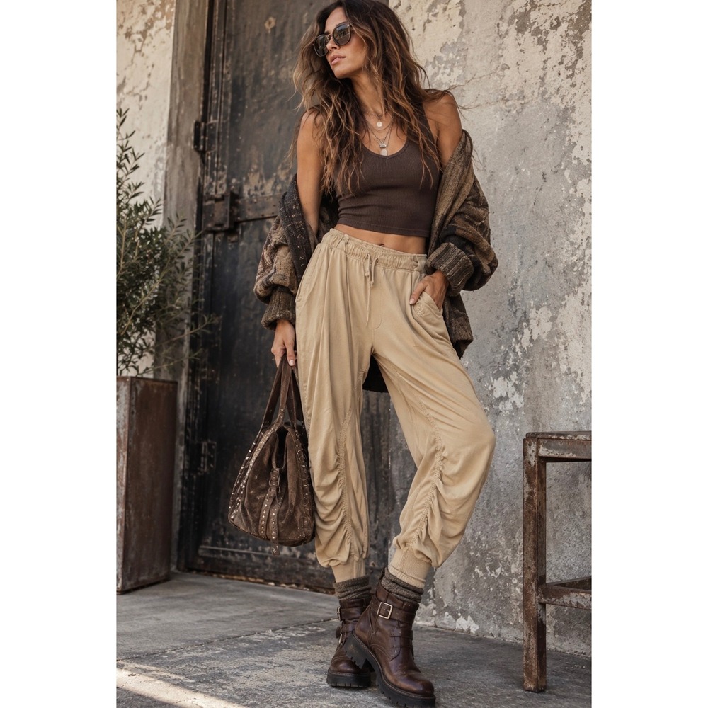 Free People FP Movement Beige Ruched Jogger Pants Drawstring Boho Harem